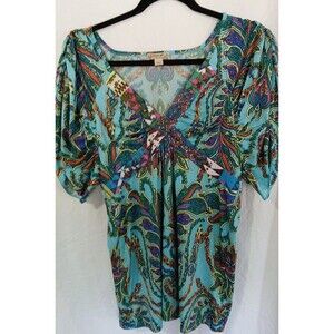 Energe World Wear Womens L Teal Multicolor Paisley Short Sleeves Blouse Nice!!!